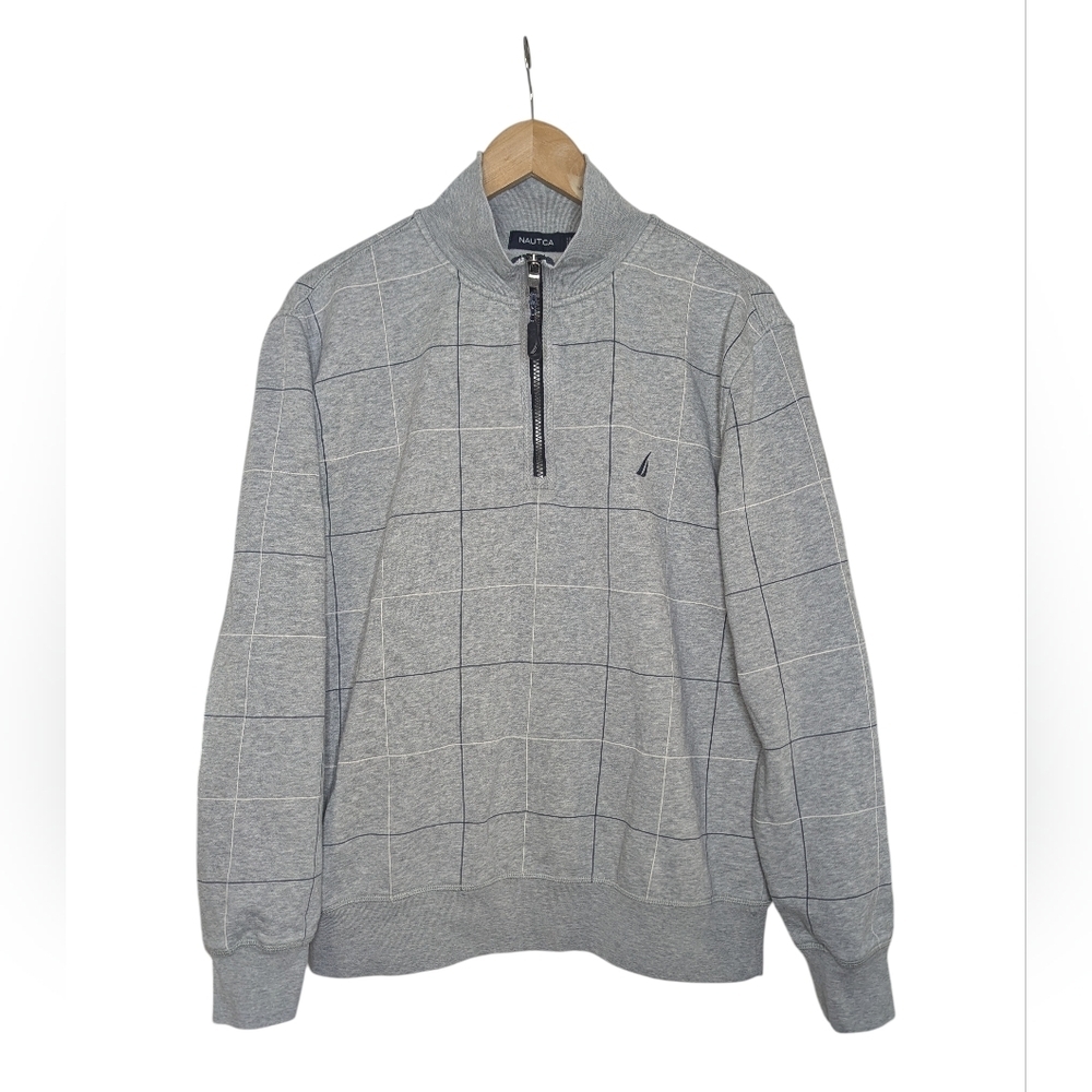 Nautica Pullover Size Large Gray Plaid Y2K 1/4 Zip Mock Neck Preppy Classic